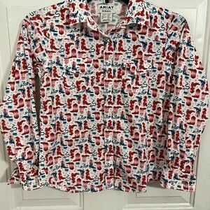 Ariat White Long-Sleeve Button-Down with Red & Blue Western Print
